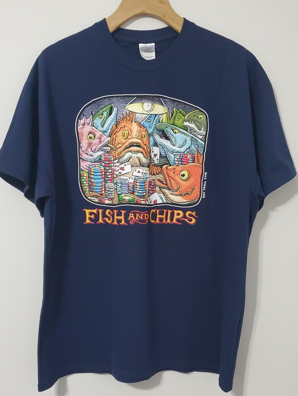 Ray Troll Gildan Mens Fish and Chips Poker Fish Graphic Tee Navy Blue XL